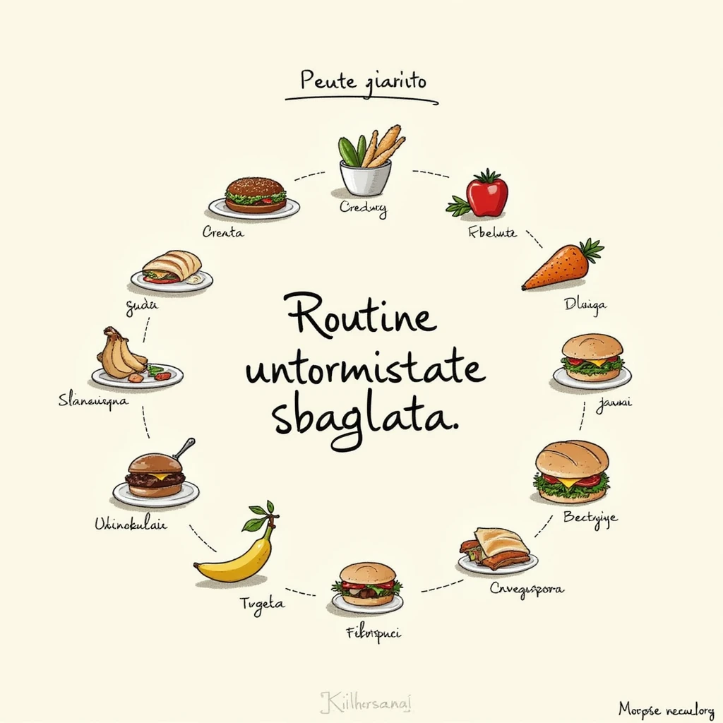 Illustrazione didattica: calendario settimanale con icone di cibi poco sani ripetuti ogni giorno, testo in italiano: 'Routine alimentare sbagliata'. emoji