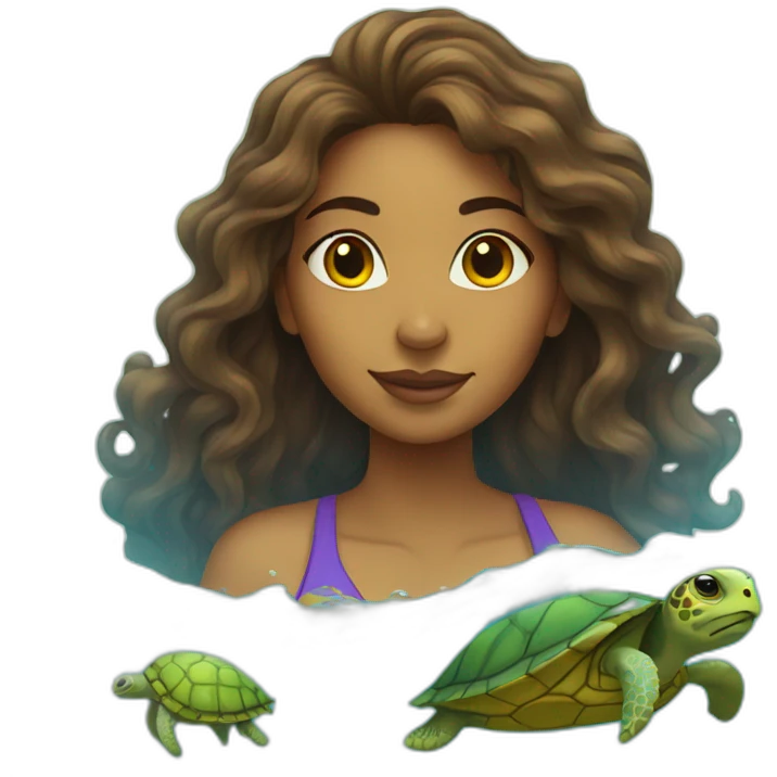 Indian woman with wavy hair swimming with a turtle emoji