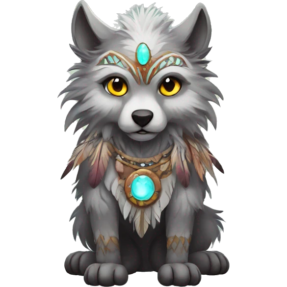 Fluffy Shy Spiritual Shamanic WereWolf With Shiny Tribal Markings wearing feathers Full Body emoji