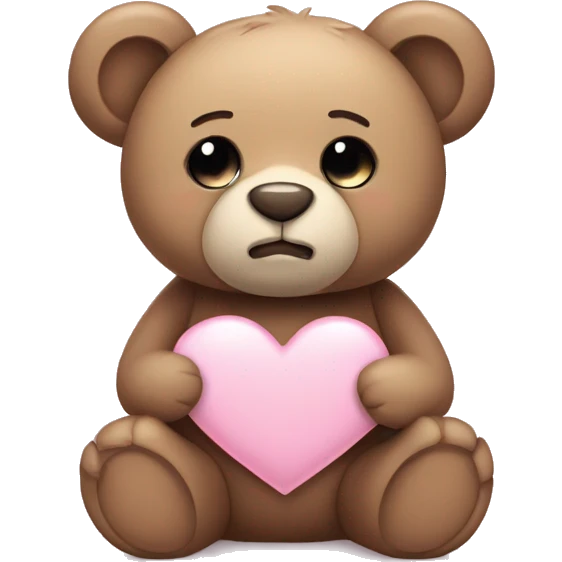 Teddy bear with sad eyes holding a pastel pink heart emoji