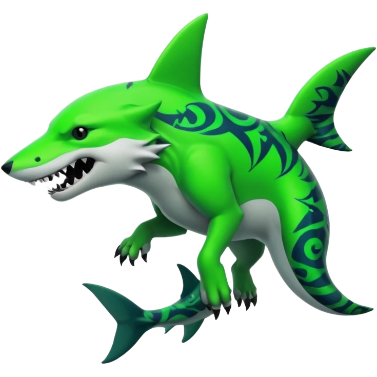 Edgy cool badass Neon-green landhai-sergal-wolf, with a shark tail, with black and dark-green swirly patterns markings emoji