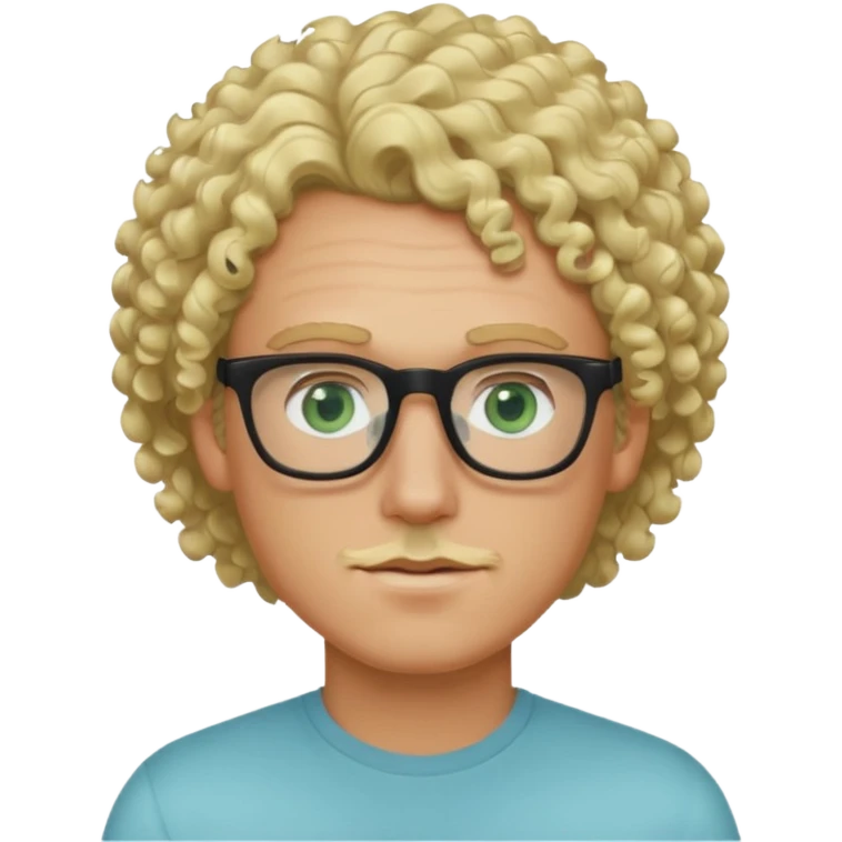 white guy with curly blonde hair and light blue ish green eyes with black glasses  emoji