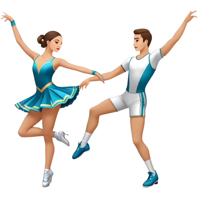 Icon for Sports Dance: a couple performing an energetic and synchronized dance, dressed in competitive dance attire, dance shoes, a rhythmically placed dance floor, and a competition backdrop. The icon should capture the athleticism, technique, and precision of sports dance. Transparent background. emoji
