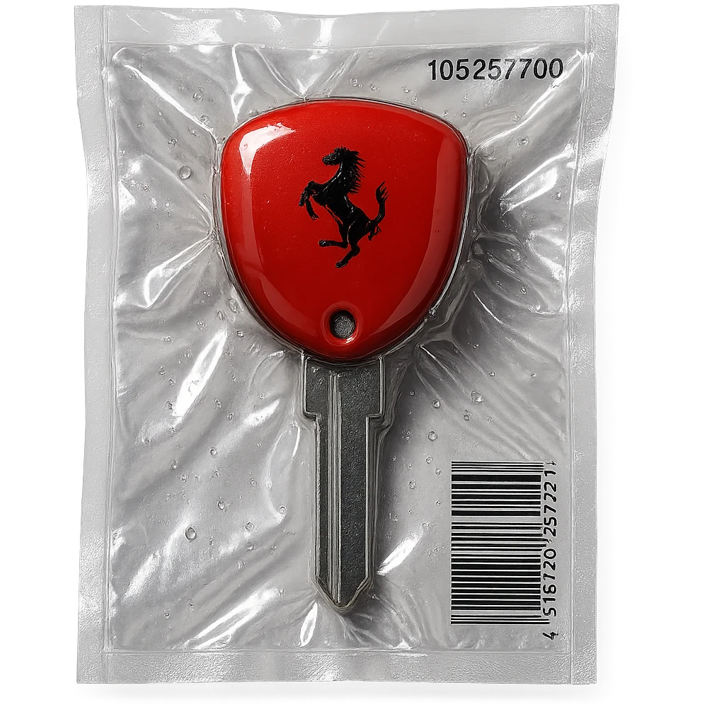 classic Ferrari car key, red, chrome details, Ferrari logo, glossy emoji