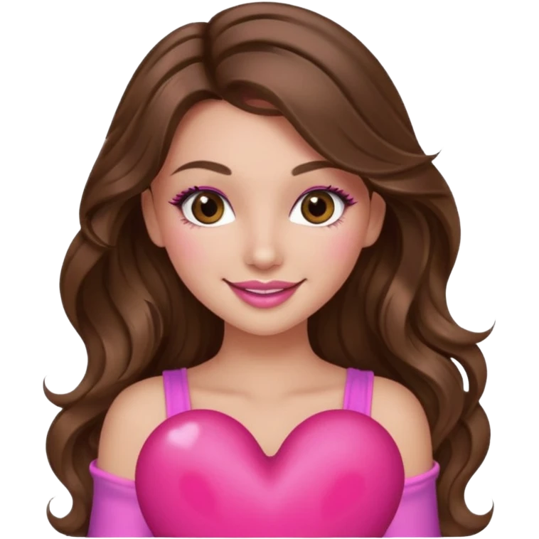 girl with long wavy brown hair, brown eyes, long lashes makeup, sexy pink lips, light to medium complexion, wearing a pink sexy top, smiling, holding a big heart emoji