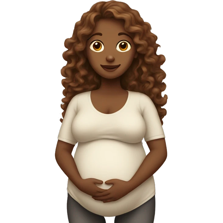 Pregnant white lady with long, brown, curly hair holding her belly emoji