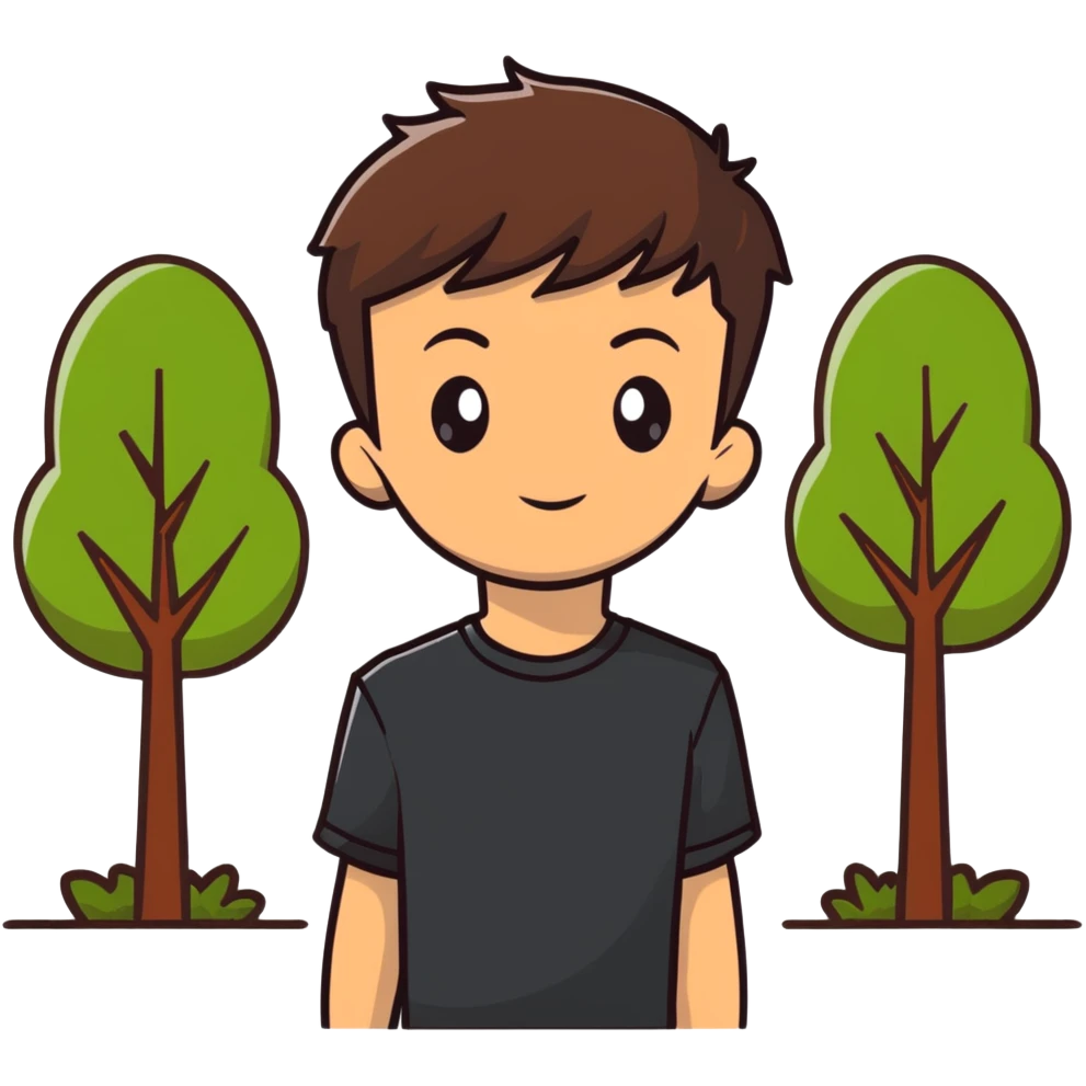 boy with straight short brunette hair brown eyes black tshirt on and tree behind emoji