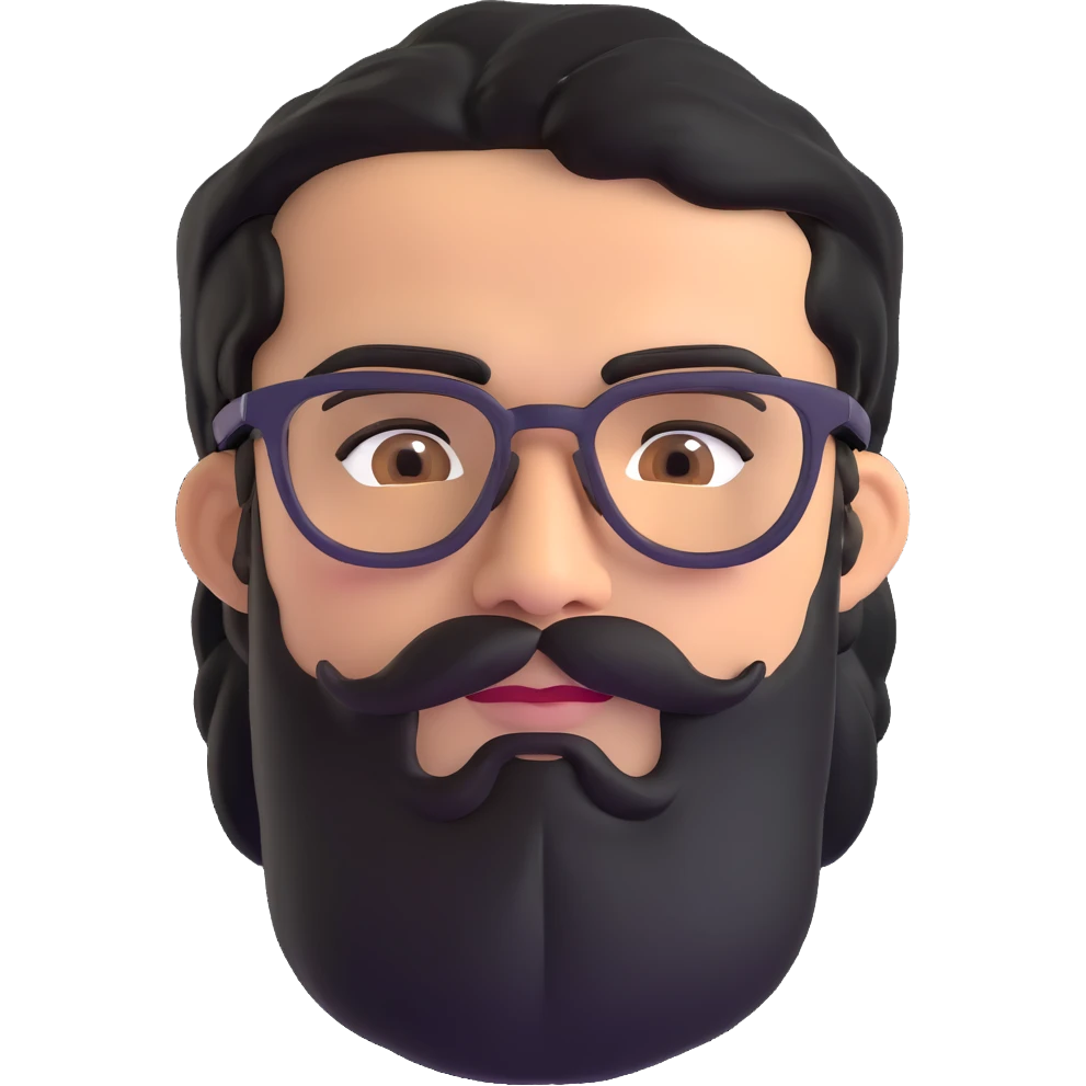 middle eastern man with medium length black beard, black hair, thick connected unibrow, tan skin, brown eyes, wearing glasses emoji