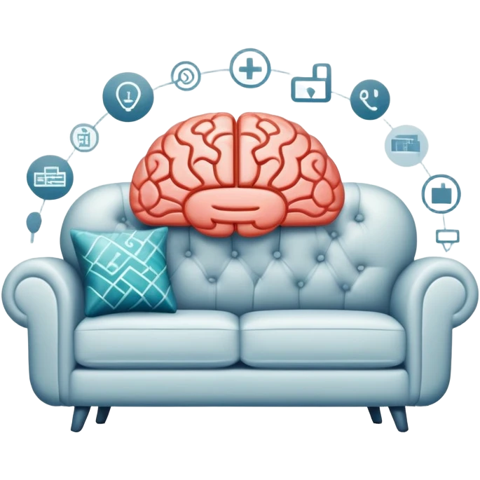 An icon featuring a brain, a couch, and a psychological test, symbolizing the study of psychology. The design includes abstract patterns representing the mind, with a calm, therapeutic setting in the background. Transparent background highlights the exploration of human behavior and mental health. emoji