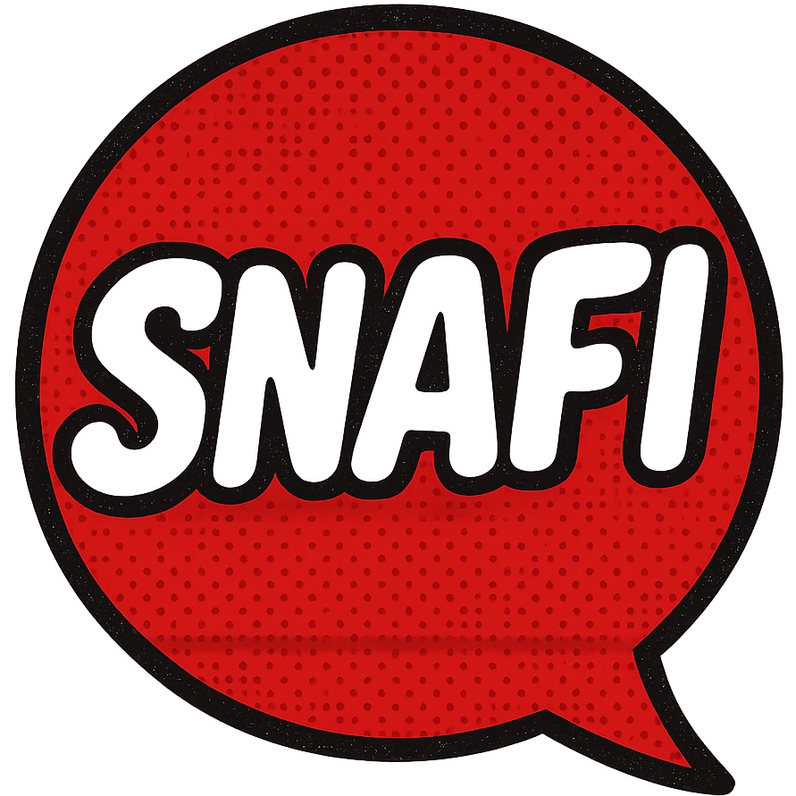 bold red emoji face bubble with the word SNAFI in white bubble font, text emoji style, comic pop art look emoji