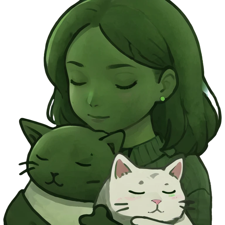 A closing eye girl hugs a white jinjila cat , the cat’s eyes are green  emoji