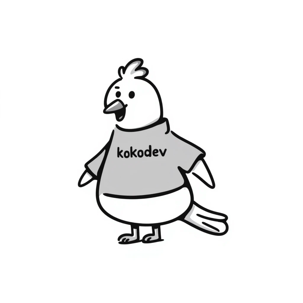 a pigeon wearing a t-shirt with the text 'kokodev' on it, clear and readable, fun and friendly emoji