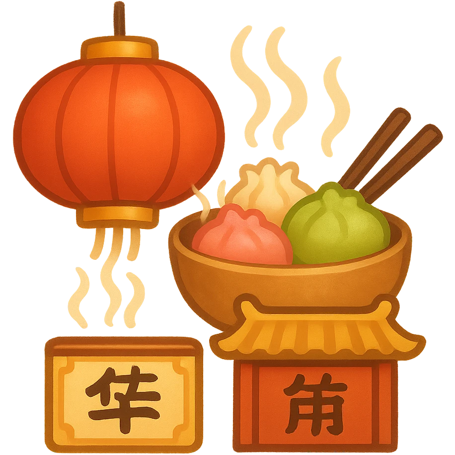 cute and appetizing emoji symbolizing a Chinese restaurant, featuring a traditional Chinese red lantern, chopsticks and bowl, steaming dim sum, and a restaurant sign with Chinese-style decorations emoji