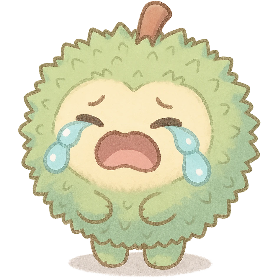 chibi style soft fluffy round durian character with green spiky shell and yellow flesh, crying dramatically with big teardrops, pastel colors, full-body emoji