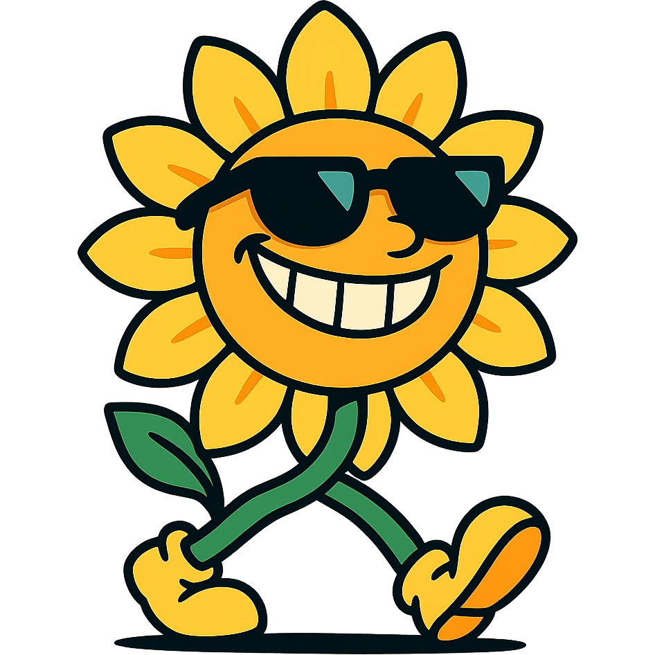 bright pastel yellow sunflower with large sunglasses, grinning proudly while strutting, round body, exaggerated confident face, vibrant toon style emoji