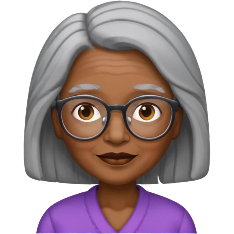 emoji of a black grandma women with long black and gray hair with glasses and brown eyebrows emoji