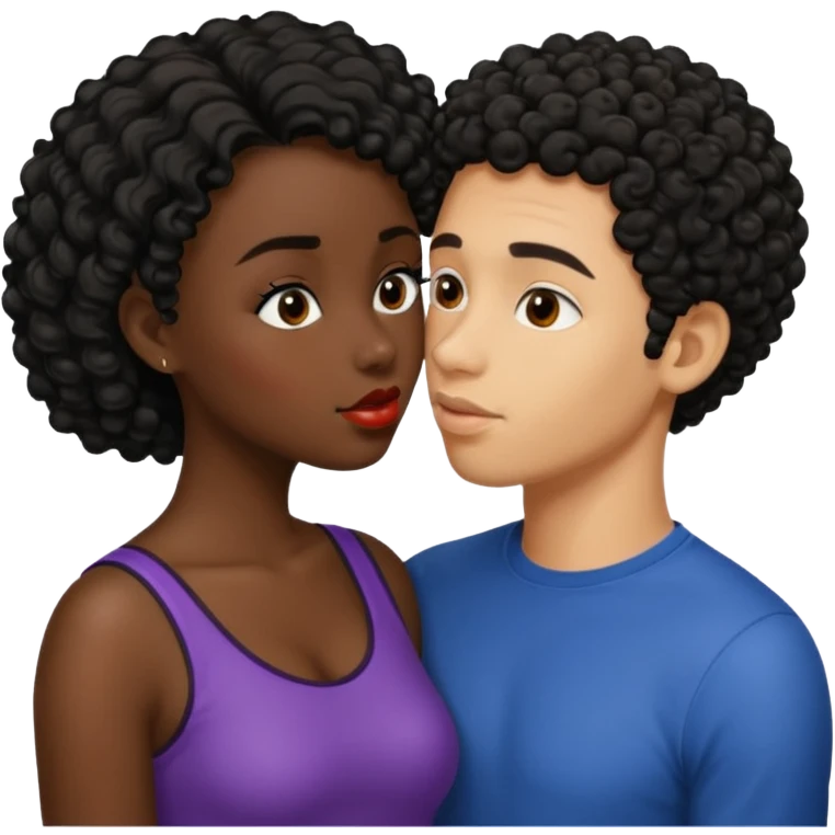 A dark skin woman with a light skin man who has black short curly hair kissing  emoji