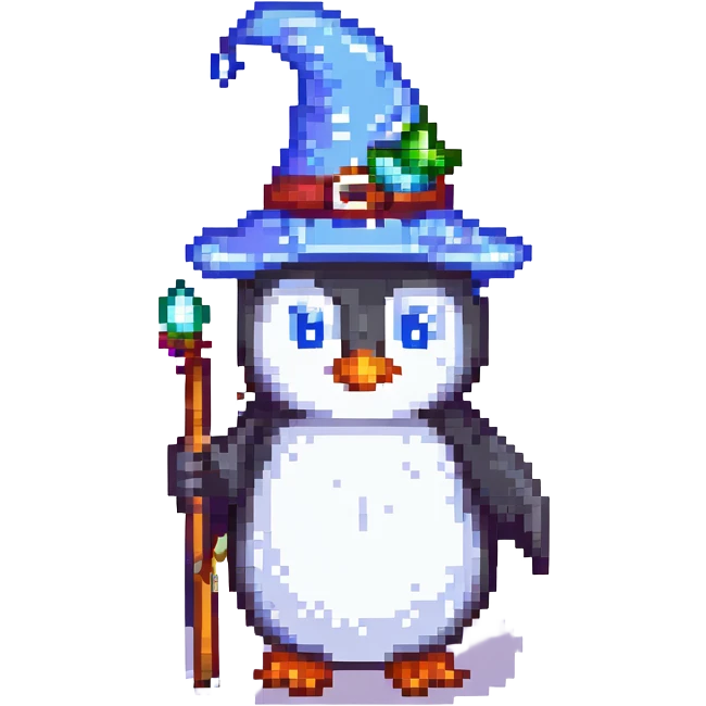 Create a pixel art style image of a penguin wizard with eyes open, keeping the transparent background as in the original image. emoji