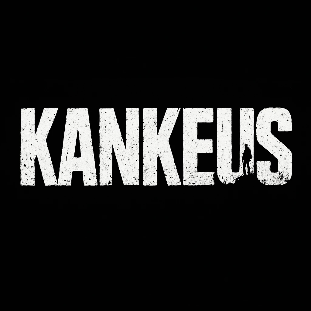 KankeuS logo in a style inspired by the DayZ video game font, bold, distressed, survival-themed, white text on black background, gritty and intense emoji
