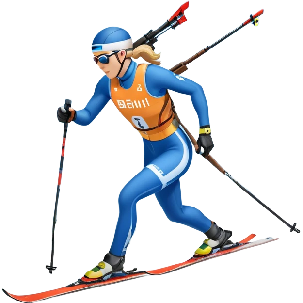 An icon featuring a biathlete in motion, holding a rifle and skiing across a snowy course. The backdrop includes snow-covered trees, distant mountains, and a clear blue sky. Transparent background highlights the precision, endurance, and excitement of biathlon. emoji
