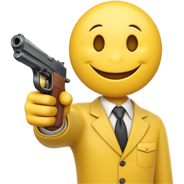 Yellow smiley face holding gun pointing towards screen emoji
