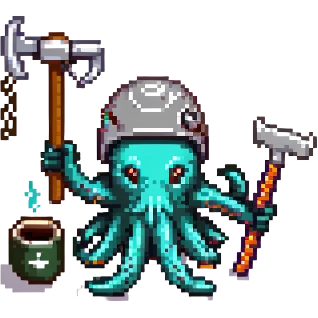 A tired worker wearing a helmet, depicted as an octopus with multiple tentacles holding various tools and items, including a hammer, a checklist with tasks, a wrench, a saw, and a coffee cup emoji