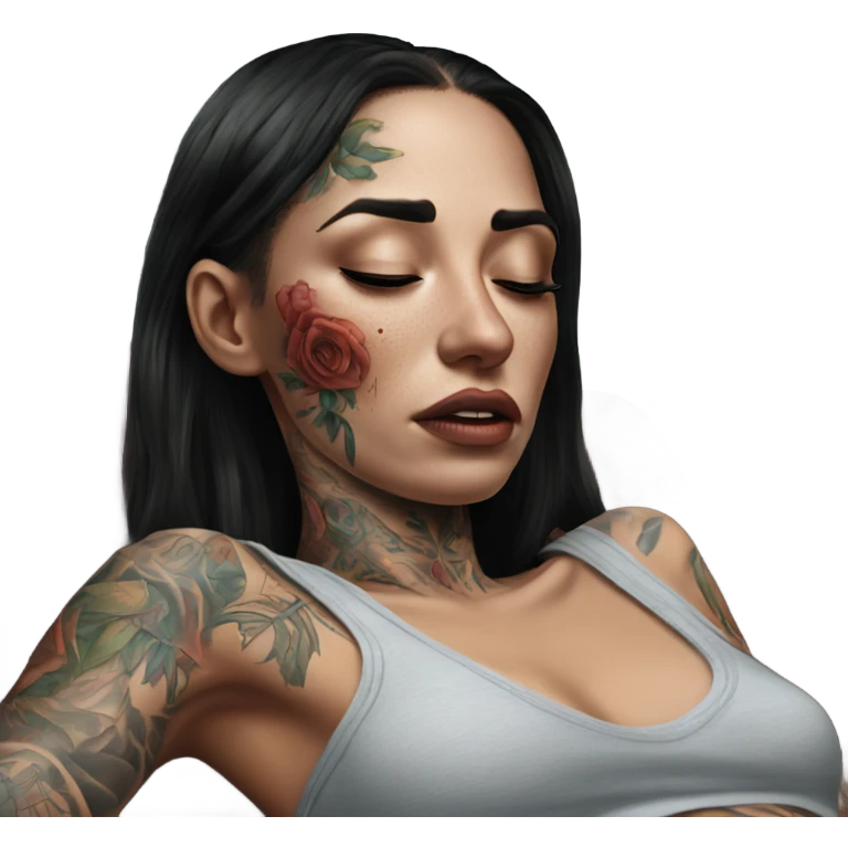 Hyper Realistic Beautiful tattooed woman crying lying on her sofa  emoji