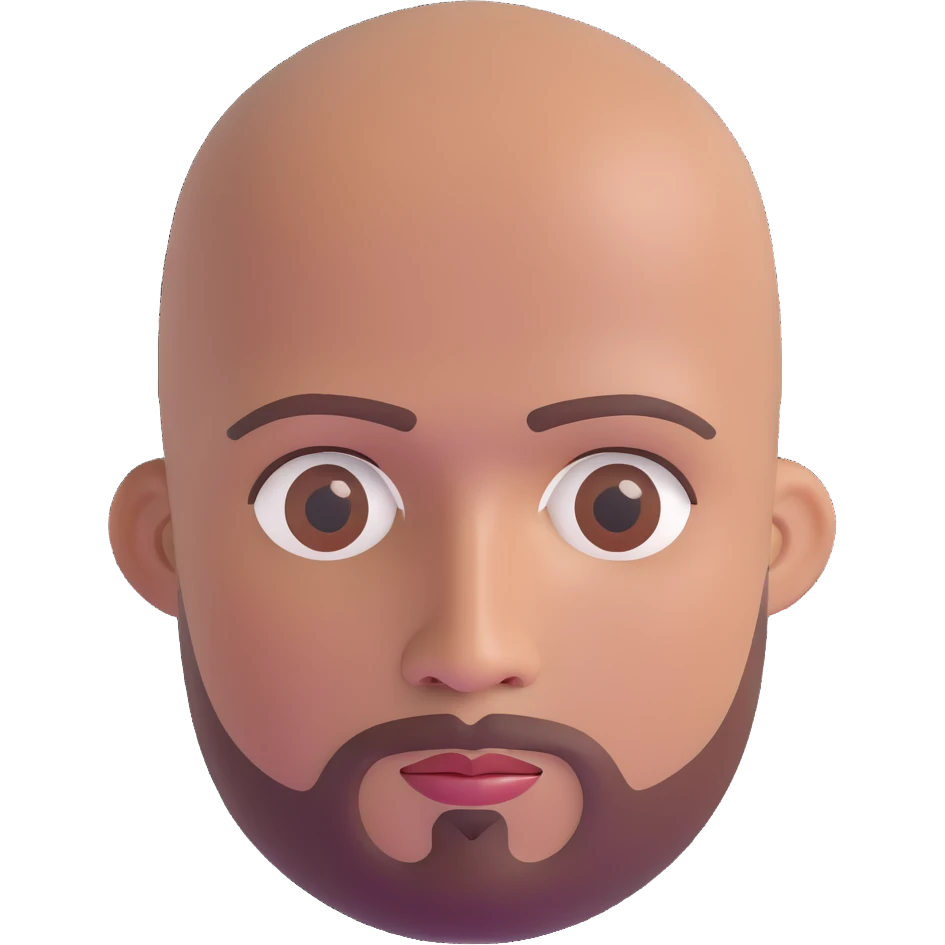 Bald man with smooth oval head, medium-dark reddish skin tone (moreno jambo), indigenous facial features, with sparse thin goatee beard only on chin, memoji style emoji