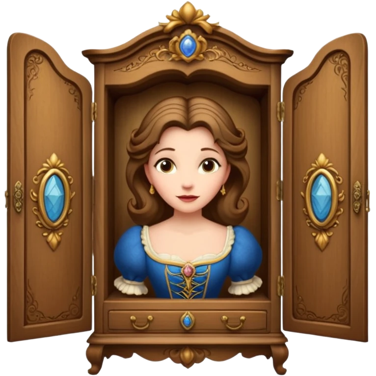 A middle-aged lady character from the fairy tale Beauty and the Beast — she was turned into a wardrobe by magic. She retains the wardrobe's original form, with an anthropomorphic face on the front of the closed cabinet. emoji