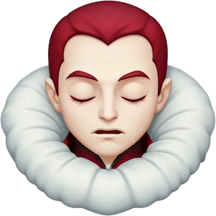 Meme-Worthy Cute Sleeping Vampire Portrait Emoji, with a refined, small, pale face softened by closed, serene eyes and a slight, peaceful smile, adorned in miniature elegant dark attire with a hint of fading crimson, simplified yet irresistibly adorable, highly detailed with a soft ethereal outline that captures the drowsy charm of a vampire in quiet nighttime slumber! emoji
