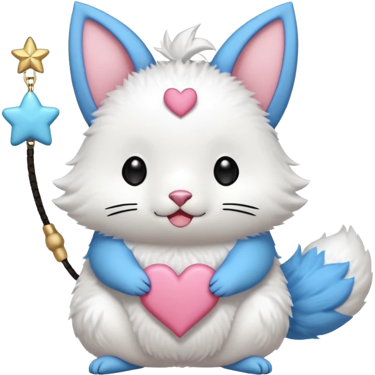 GENERATE ME A MOMONGA WHITE ANIMAL  FROM CHIIKAWA AND PUT A SAKURA FLOWER ON HIS HEAD AND A STAR PELT ON HIS BELLY AND A HEART PURSE ON HIS ARM WITH HIS FACE MAKE HIS TOUNGE STICK OUT WITH A LITTLEPINCH OFDROOL AND MAKE HIM ANIME STYLED ART GIVE HIM A BIG BLUE FLUFFY TAIL JUST TAIL emoji