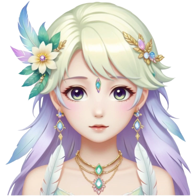 Beautiful gorgeous anime lady with beautiful iridescent-white-special-hair, fashion aesthetic, ethereal, fairycore, pastelcore, feather, flower, gems, accessories, jewelries, gold, colorful emoji
