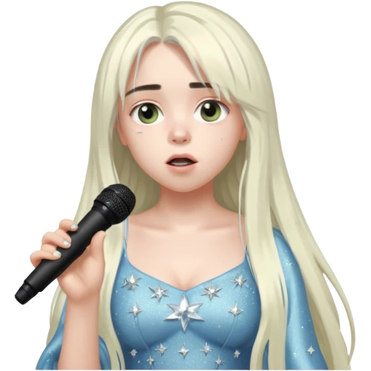 billie eilish is singing, holding mirco and twinkle dresss, white long hair, thin  emoji