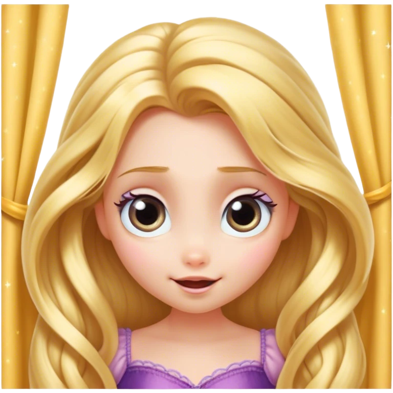 Cinematic Adorable Rapunzel Portrait Emoji, Playfully peeking out from behind a curtain of hair, big sparkling eyes, cheeks flushed with excitement, exuding charm and innocence, an absolute delight! emoji