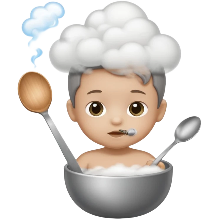 Baby with a spoon in one hand and lighter in the other with smoke (not fire) coming off the spoon.  emoji