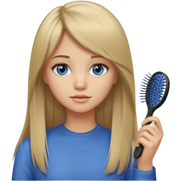 young woman with long straight dirty blonde hair, side bangs, and blue eyes. She is brushing her hair emoji