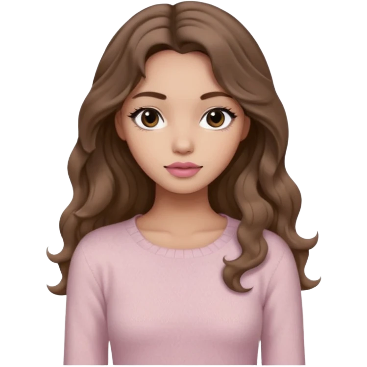 a woman with beige knit long sleeve top, her hair is long wavy brown hair, her face is soft girl style, her eyes color are black and the color of her lip is soft pink emoji