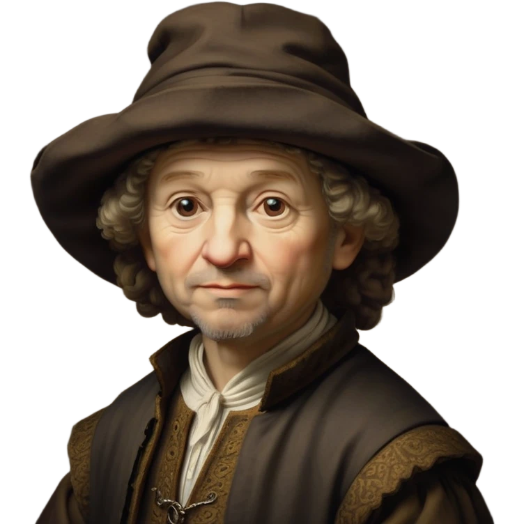 emoji of rembrandt,-shown-as-a-master-artist-with-deep,-introspective-eyes-and-richly-detailed-period-clothing,-rendered-with-dramatic-chiaroscuro-lighting-that-emphasizes-his-legacy brown puffy hat emoji