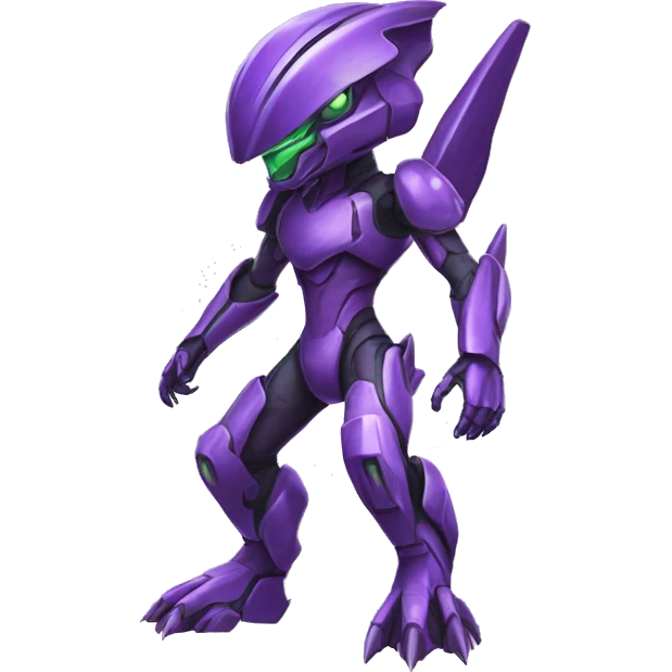 a purple-green Genesect-Raptor-Fakémon—hybrid with a futuristic visor-helmet full body emoji