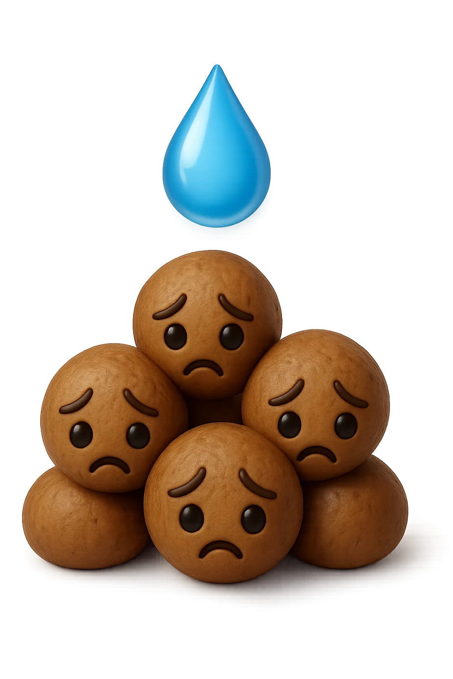 emoji stile iphone di una montagnetta di feci umane realistiche a palline tristi con sopra un simbolo delle gocce di acqua, iperrealistico 4k emoji