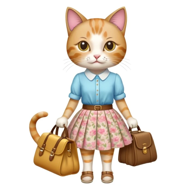 A cat wearing a skirt, blouse , shoes and carrying a bag emoji