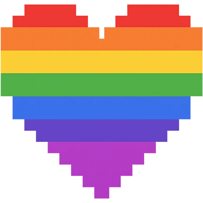 Create a pixel art heart with horizontal rainbow stripes and no background. The style should clearly reflect pixel art characteristics with distinct horizontal stripes in rainbow colors. emoji