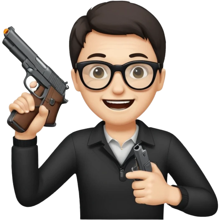 Quiero un emoji con lentes negros con una pistola automática en la mano riéndose y pasandose la pistola por la cara emoji