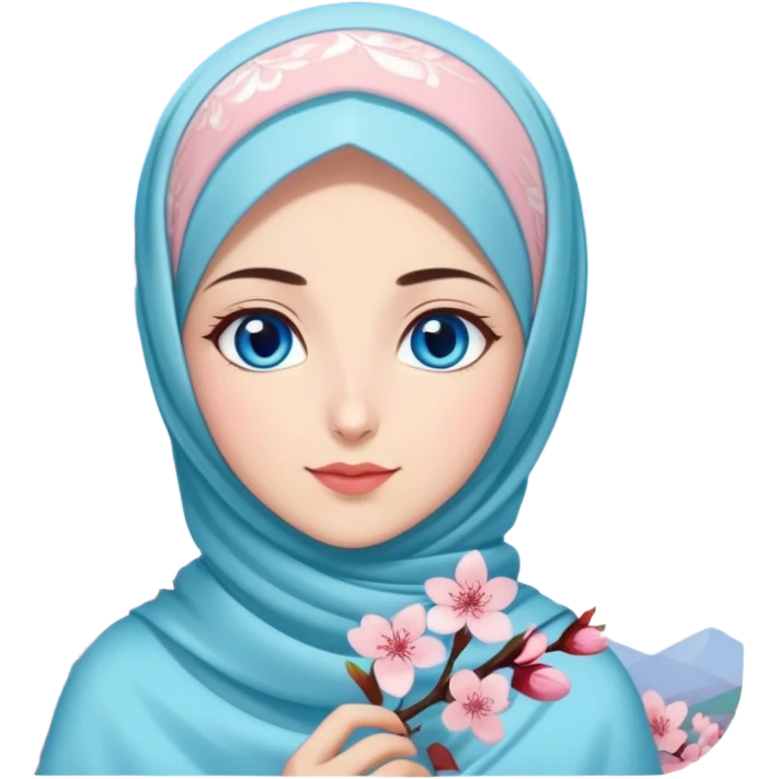 Turkish beautiful finish Konya girls blue eyes with lovely cherry blossom hijab long tail dress and blue sky background  emoji