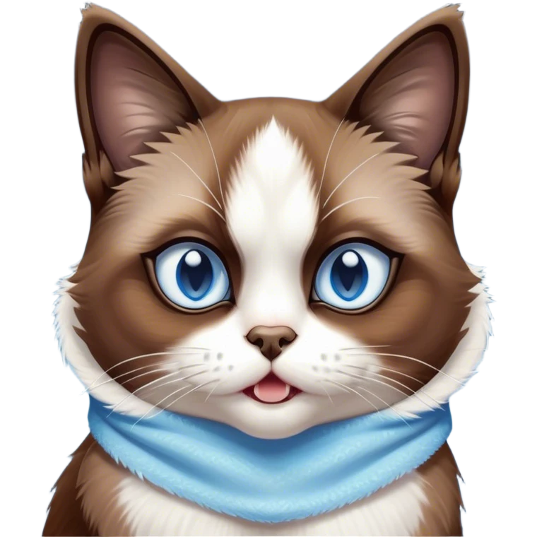 Cinematic Comical Brown Mantle Snowshoe Cat Portrait Emoji, Head tilted dramatically with an exaggeratedly shocked or offended expression, deep brown fur flowing like a mantle over its back, paired with crisp white paws, chest, and a signature white facial mask, piercing icy-blue eyes widened in disbelief, Simplified yet hilariously expressive features, highly detailed, glowing with a slightly sassy glow, high shine, dramatic yet playful, stylized with an air of attitude, bright and endearing, soft glowing outline, capturing the essence of a sassy and over-the-top feline, so meme-worthy it feels like it could side-eye its way into internet fame instantly! emoji