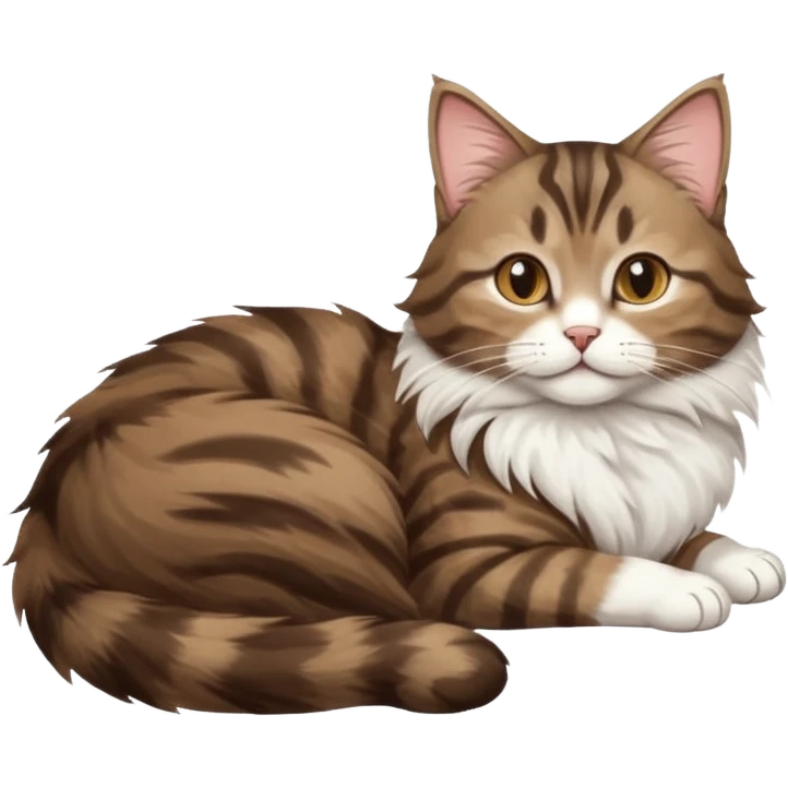 dark brown tabby and white cat with doing a big extremely long stretch reaching up into the air with arms and legs side by side together straight and overextended whilst lying on its side emoji