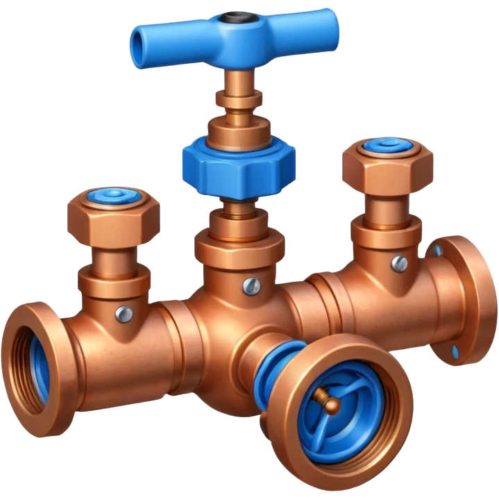 3D icon of connected copper pipes with a blue valve in the center, professional Pixar-like style, plumbing-focused, slightly shiny metallic textures, white background



 emoji