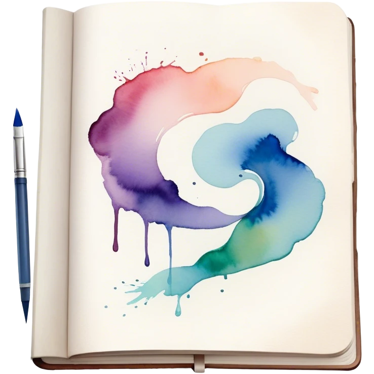 Cinematic Realistic image of an open sketchbook accompanied by a set of translucent watercolors, with delicate pigment stains and soft, flowing brushstrokes, captured under gentle, diffused lighting that highlights creative fluidity emoji