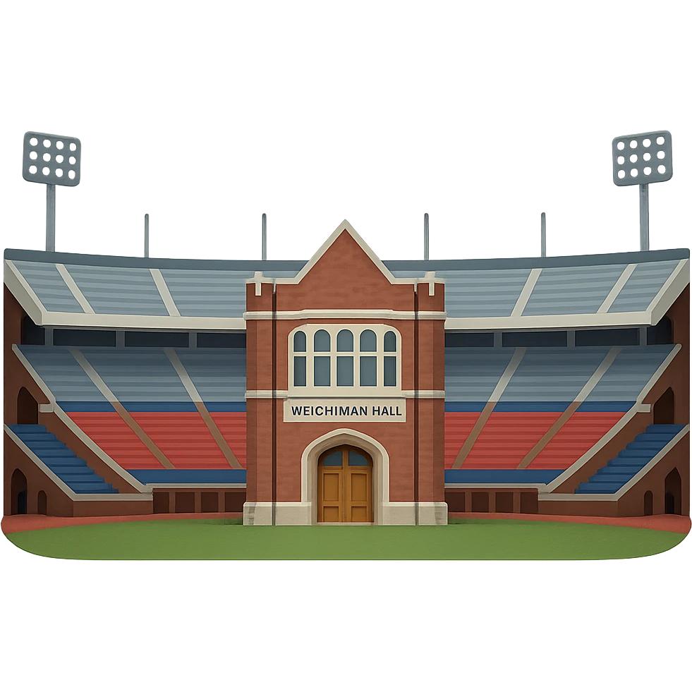 Change the angle of the emoji of Franklin Field at the University of Pennsylvania so that it is looking at the front of Weightman Hall with the huge stadium surrounding it. Use Weightman Hall as the detailed reference for the building facade. Maintain realistic, lifelike detail, accurate colors, bright lighting, and a transparent background. emoji