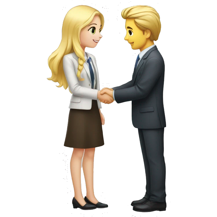 A 40-year-old fair-skinned businessman shakes hands with an 18-year-old fair-skinned blonde girl, full-length emoji, high details emoji